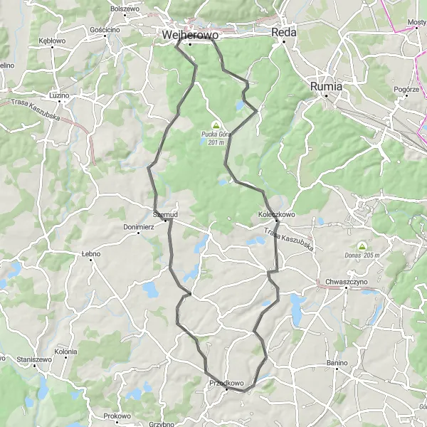 Map miniature of "Wejherowo Explorer with Legendary Climbs" cycling inspiration in Pomorskie, Poland. Generated by Tarmacs.app cycling route planner