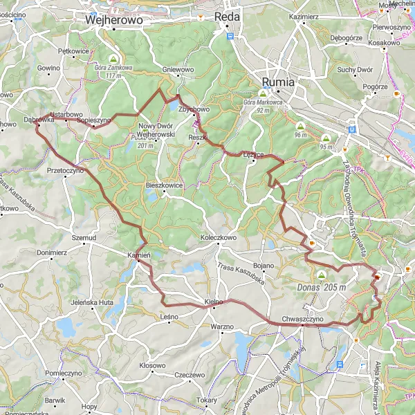 Map miniature of "Tranquil Gravel Escapade" cycling inspiration in Pomorskie, Poland. Generated by Tarmacs.app cycling route planner