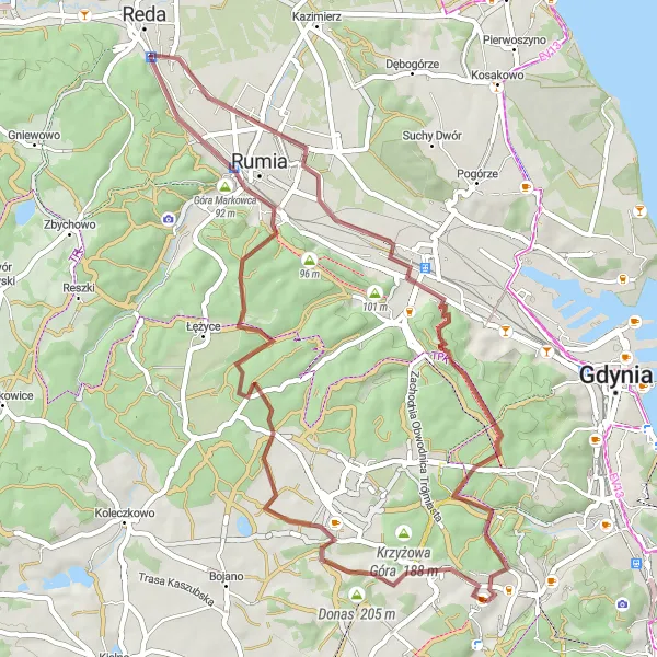 Miniatura mapy "Trasa przez Dąbrowę i Górę Markowca (Gravel)" - trasy rowerowej w Pomorskie, Poland. Wygenerowane przez planer tras rowerowych Tarmacs.app