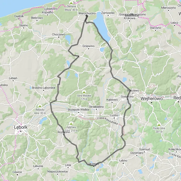 Map miniature of "Scenic Road Tour around Bychowo" cycling inspiration in Pomorskie, Poland. Generated by Tarmacs.app cycling route planner