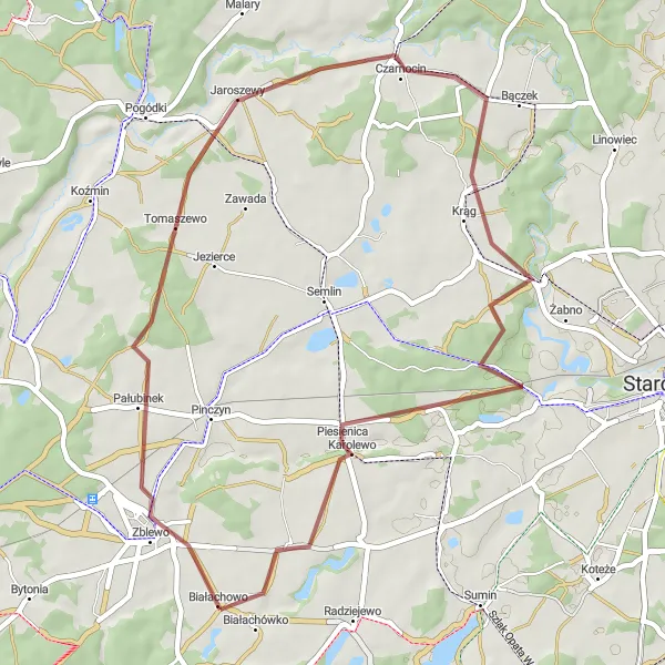 Map miniature of "The Jaroszewy Discovery" cycling inspiration in Pomorskie, Poland. Generated by Tarmacs.app cycling route planner