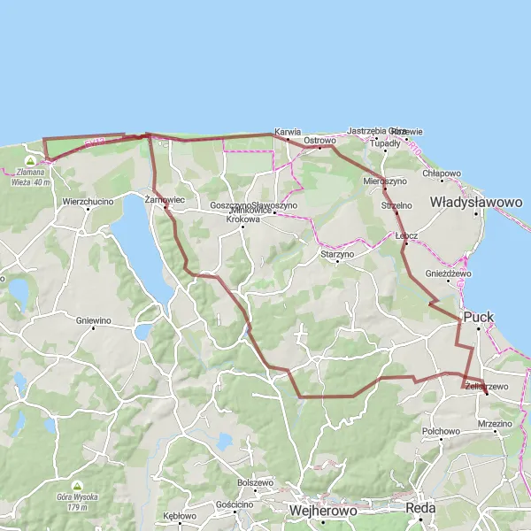 Miniatura mapy "Długa trasa gravelowa do Żelistrzewa" - trasy rowerowej w Pomorskie, Poland. Wygenerowane przez planer tras rowerowych Tarmacs.app