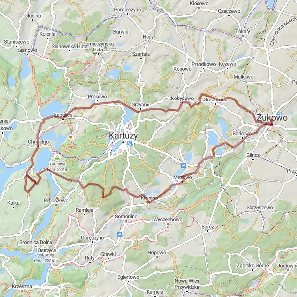 Map miniature of "Gravel Adventure through Żukowo" cycling inspiration in Pomorskie, Poland. Generated by Tarmacs.app cycling route planner