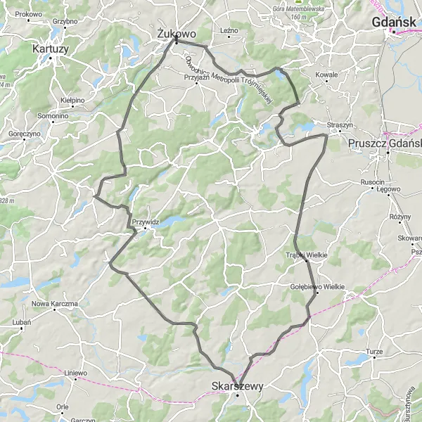 Map miniature of "The Loop of Żukowo: Explore the Countryside on Road" cycling inspiration in Pomorskie, Poland. Generated by Tarmacs.app cycling route planner