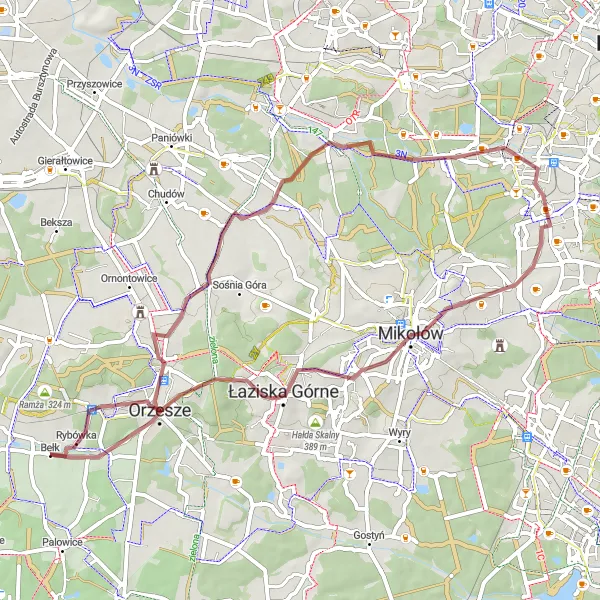 Map miniature of "Scenic Gravel Loop" cycling inspiration in Śląskie, Poland. Generated by Tarmacs.app cycling route planner