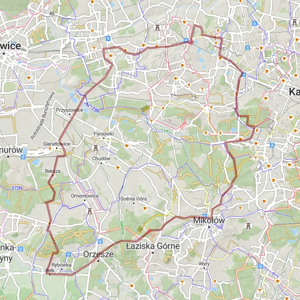 Map miniature of "Gravel Route through Bełk" cycling inspiration in Śląskie, Poland. Generated by Tarmacs.app cycling route planner