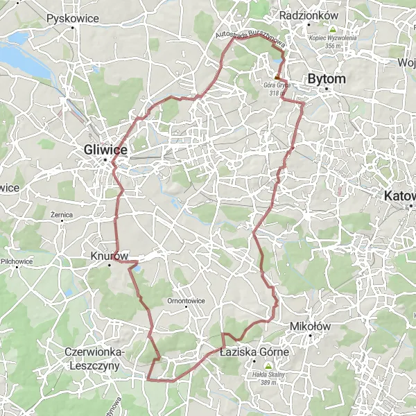 Map miniature of "Challenging Gravel Ride through Bełk" cycling inspiration in Śląskie, Poland. Generated by Tarmacs.app cycling route planner