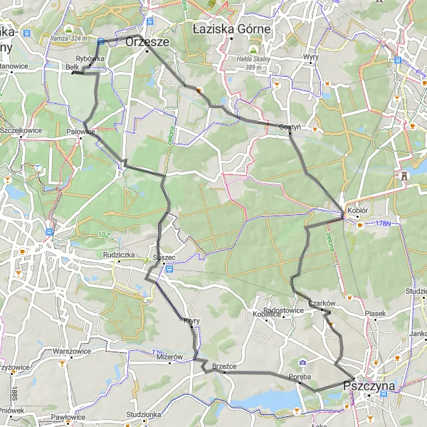 Map miniature of "Road Route near Bełk" cycling inspiration in Śląskie, Poland. Generated by Tarmacs.app cycling route planner
