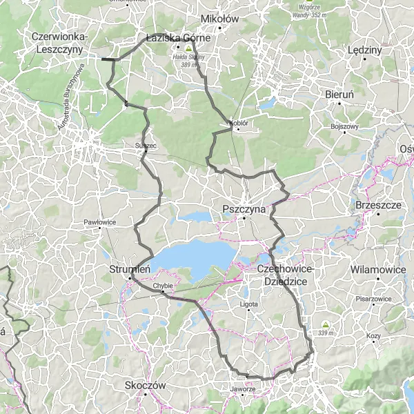 Map miniature of "The Road Cycling Challenge" cycling inspiration in Śląskie, Poland. Generated by Tarmacs.app cycling route planner