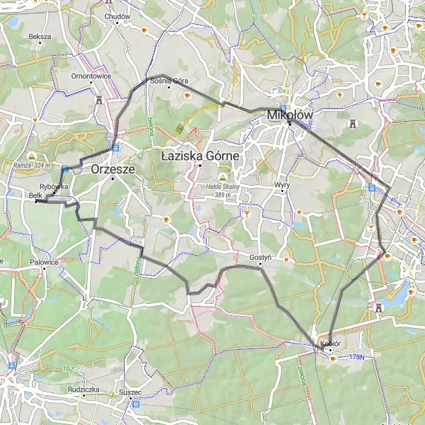 Map miniature of "Scenic Road Cycling Tour near Bełk" cycling inspiration in Śląskie, Poland. Generated by Tarmacs.app cycling route planner