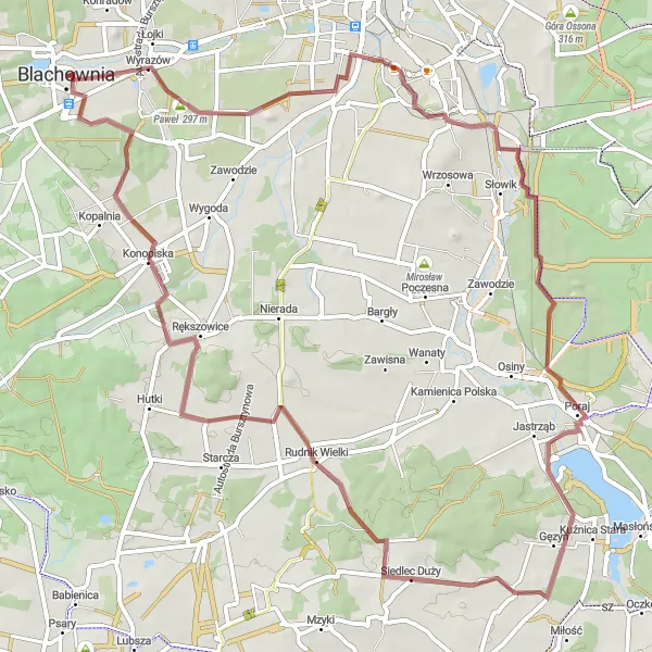 Map miniature of "Wzgórze Błeszneńskie and Poraj Gravel Loop" cycling inspiration in Śląskie, Poland. Generated by Tarmacs.app cycling route planner