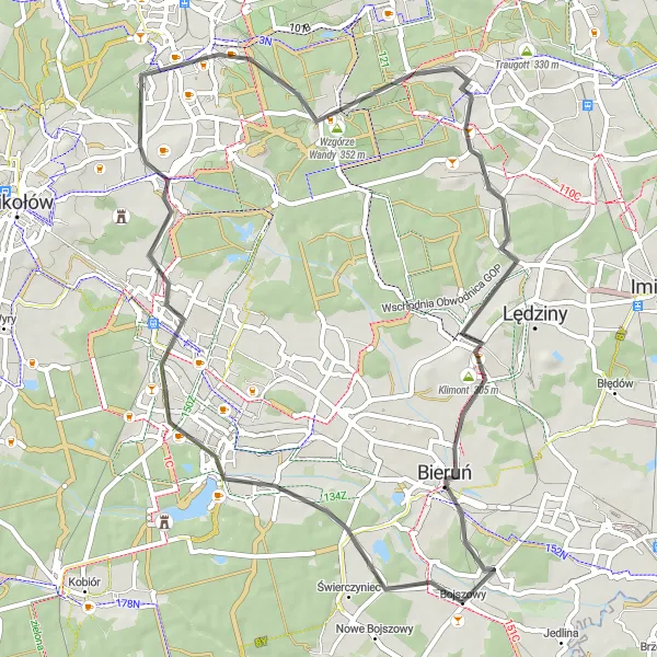 Map miniature of "Around Bojszowy and Beyond" cycling inspiration in Śląskie, Poland. Generated by Tarmacs.app cycling route planner