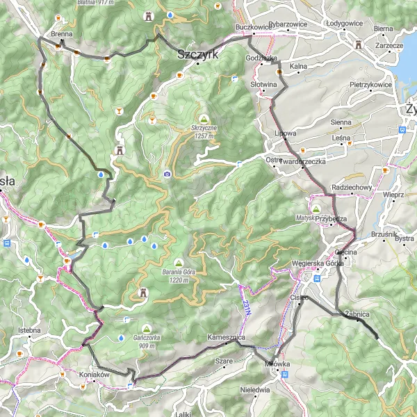 Map miniature of "Brenna Circuit: Hidden Gems of Beskid Mountains" cycling inspiration in Śląskie, Poland. Generated by Tarmacs.app cycling route planner