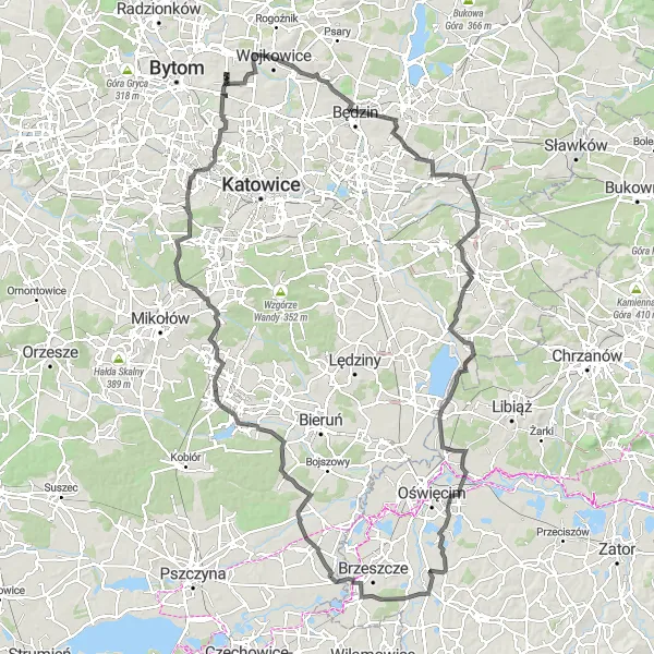 Map miniature of "Through the Forested Hills of Brzeziny Śląskie" cycling inspiration in Śląskie, Poland. Generated by Tarmacs.app cycling route planner