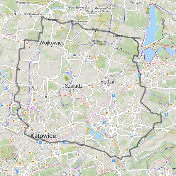 Miniatura mapy "Trasa Przez Zabytkowe Miejscowości" - trasy rowerowej w Śląskie, Poland. Wygenerowane przez planer tras rowerowych Tarmacs.app