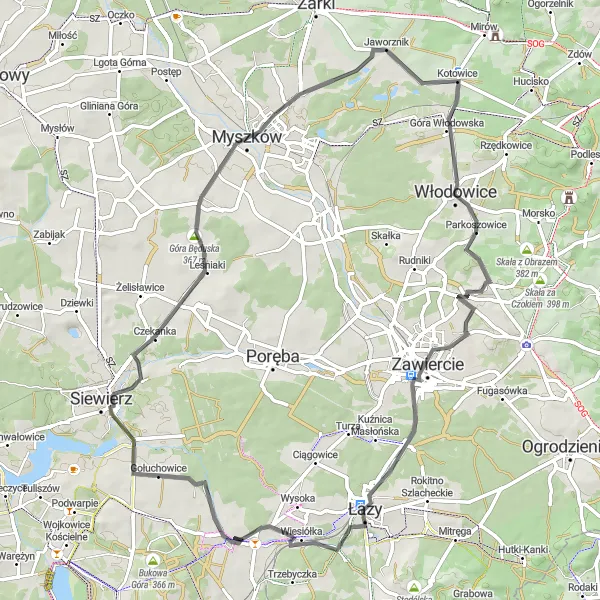 Map miniature of "Scenic Road Ride Near Chruszczobród" cycling inspiration in Śląskie, Poland. Generated by Tarmacs.app cycling route planner