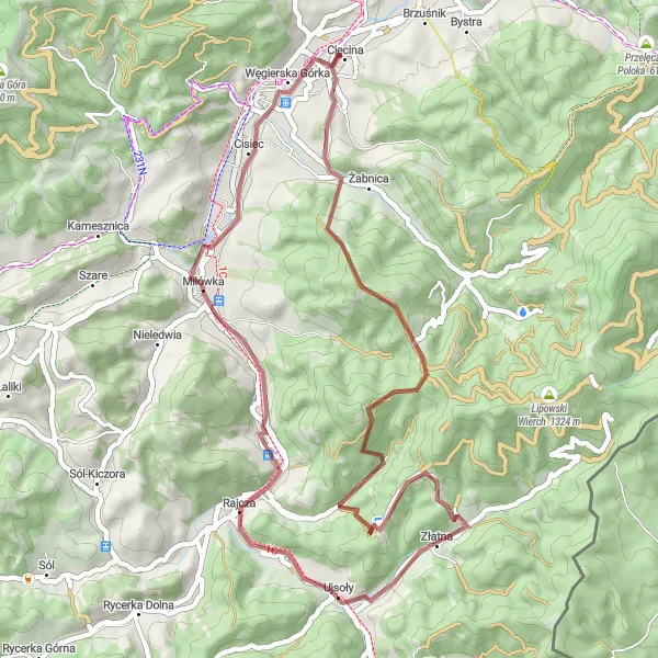 Map miniature of "Short Gravel Excursion near Cięcina" cycling inspiration in Śląskie, Poland. Generated by Tarmacs.app cycling route planner