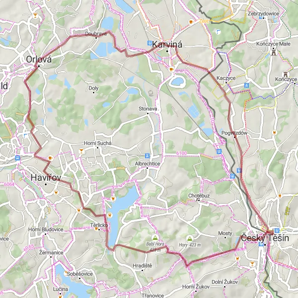 Map miniature of "Cieszyn Babí Hora Gravel Route" cycling inspiration in Śląskie, Poland. Generated by Tarmacs.app cycling route planner