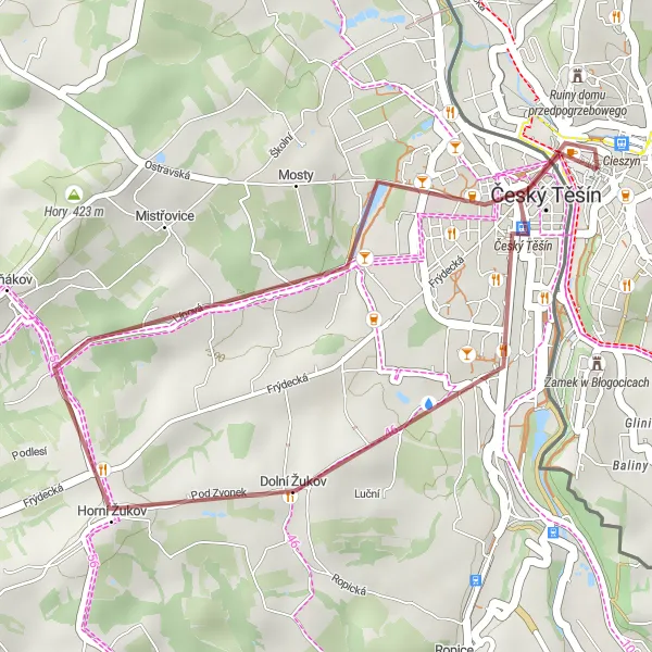 Map miniature of "Cieszyn Karwina Gravel Route" cycling inspiration in Śląskie, Poland. Generated by Tarmacs.app cycling route planner