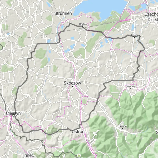 Map miniature of "Cieszyn Pogwizdów Road Route" cycling inspiration in Śląskie, Poland. Generated by Tarmacs.app cycling route planner