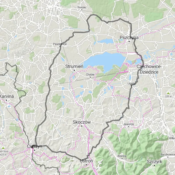 Map miniature of "Cieszyn Wisła Road Route" cycling inspiration in Śląskie, Poland. Generated by Tarmacs.app cycling route planner