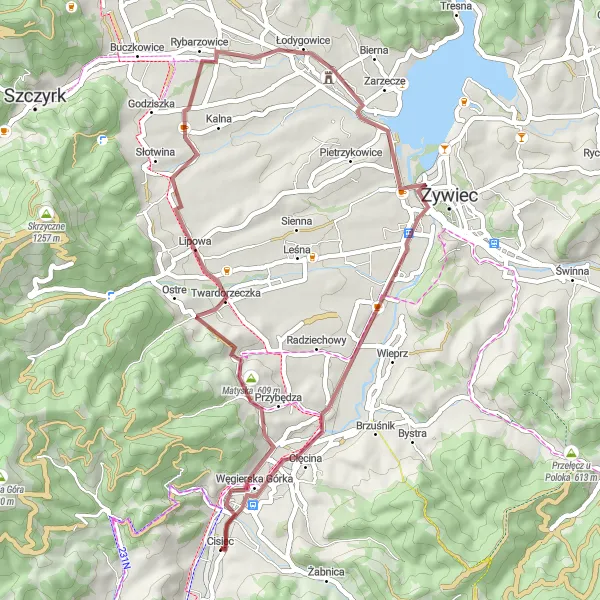 Map miniature of "Matyska - Łodygowice Loop" cycling inspiration in Śląskie, Poland. Generated by Tarmacs.app cycling route planner