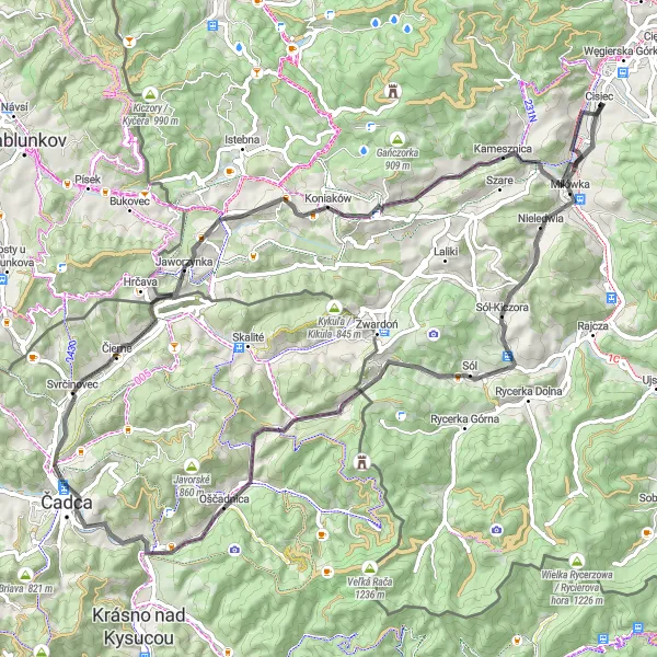 Map miniature of "The Beskid Mountain Challenge" cycling inspiration in Śląskie, Poland. Generated by Tarmacs.app cycling route planner