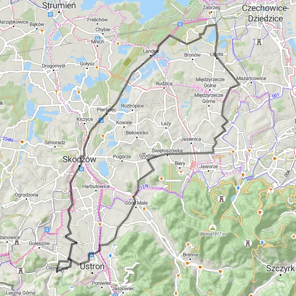 Map miniature of "Around Cisownica: Hilltops and River Views" cycling inspiration in Śląskie, Poland. Generated by Tarmacs.app cycling route planner