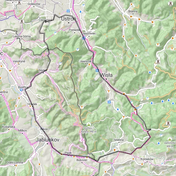 Map miniature of "Scenic Loop from Cisownica: River Valleys and Hilltop Castles" cycling inspiration in Śląskie, Poland. Generated by Tarmacs.app cycling route planner