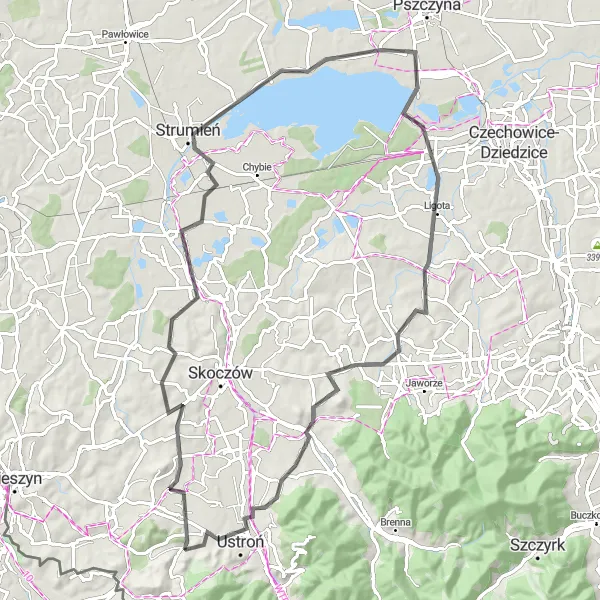 Map miniature of "Iskrzyczyn Loop" cycling inspiration in Śląskie, Poland. Generated by Tarmacs.app cycling route planner