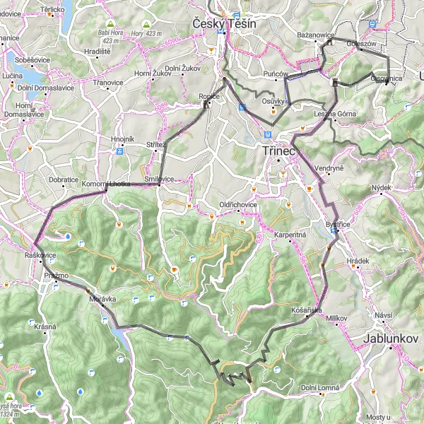 Map miniature of "From Zadni Gaj to Goleszów: Epic Mountains and Natural Wonders" cycling inspiration in Śląskie, Poland. Generated by Tarmacs.app cycling route planner