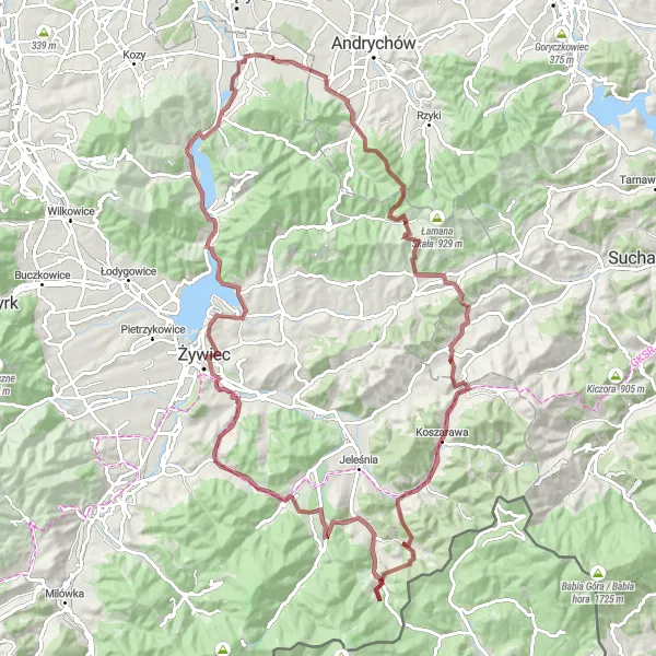 Miniatura mapy "Trasa przez Przełęcz Hucisko i Wodospad w Sopotni" - trasy rowerowej w Śląskie, Poland. Wygenerowane przez planer tras rowerowych Tarmacs.app