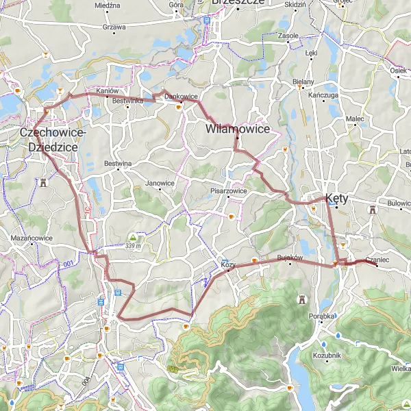 Miniatura mapy "Trasa Gravelowa Kozy-Wilamowice-Kęty" - trasy rowerowej w Śląskie, Poland. Wygenerowane przez planer tras rowerowych Tarmacs.app