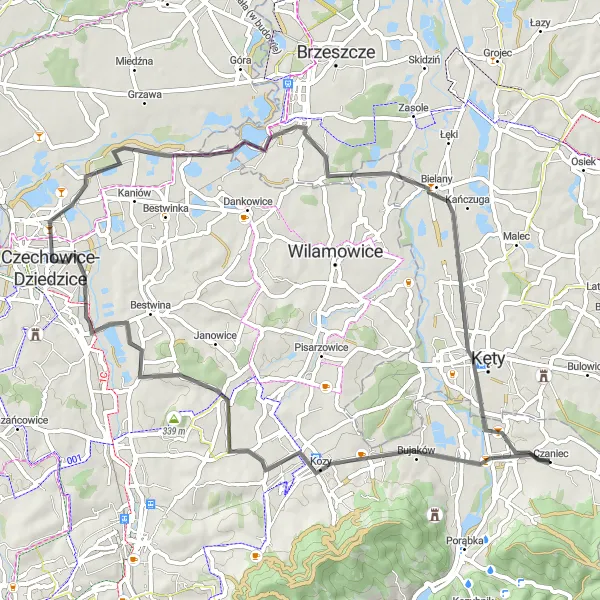 Map miniature of "Kozy to Zasole Bielańskie" cycling inspiration in Śląskie, Poland. Generated by Tarmacs.app cycling route planner