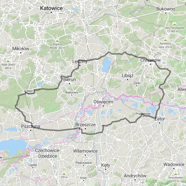 Map miniature of "Kobiór Loop Road Route" cycling inspiration in Śląskie, Poland. Generated by Tarmacs.app cycling route planner