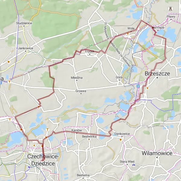 Miniatura mapy "Pętla Gravel przez Rudołtowice i Bestwinkę" - trasy rowerowej w Śląskie, Poland. Wygenerowane przez planer tras rowerowych Tarmacs.app