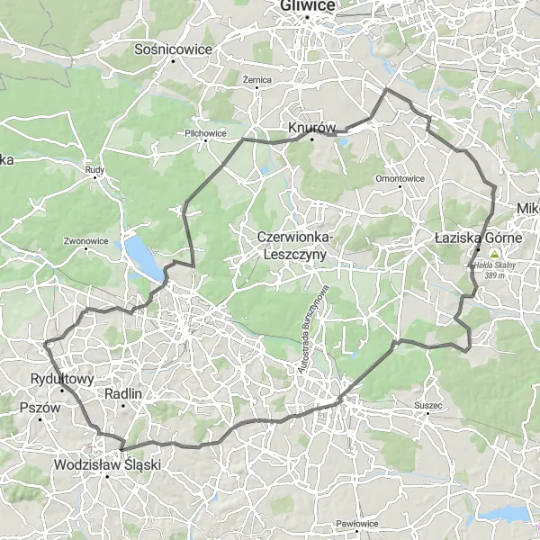 Map miniature of "Challenging road adventure through Śląskie" cycling inspiration in Śląskie, Poland. Generated by Tarmacs.app cycling route planner