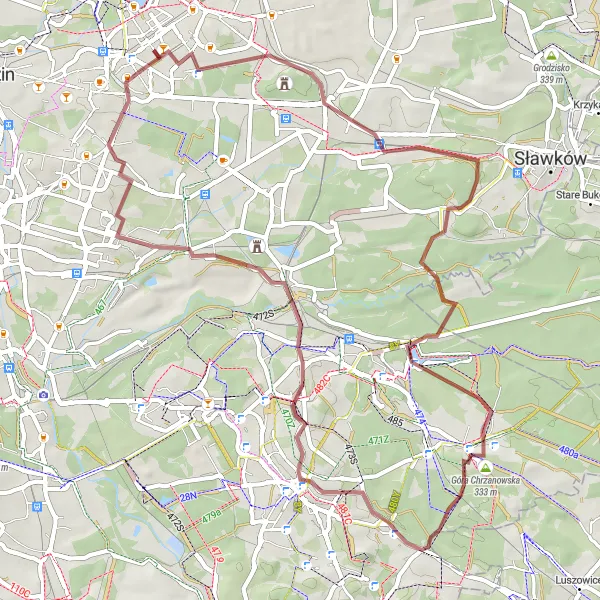 Map miniature of "Gravel Adventure: Góra Bordowicza to Dąbrowa Górnicza" cycling inspiration in Śląskie, Poland. Generated by Tarmacs.app cycling route planner