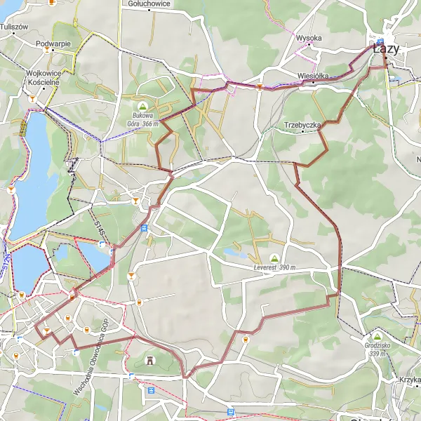 Map miniature of "Trzebyczka and Srocza Góra Off-Road Adventure" cycling inspiration in Śląskie, Poland. Generated by Tarmacs.app cycling route planner