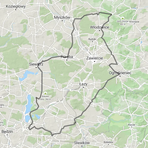 Map miniature of "Exploring the Hills of Dąbrowa Górnicza" cycling inspiration in Śląskie, Poland. Generated by Tarmacs.app cycling route planner