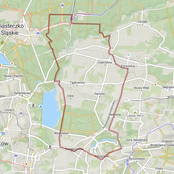 Map miniature of "Gravel Route from Dobieszowice" cycling inspiration in Śląskie, Poland. Generated by Tarmacs.app cycling route planner