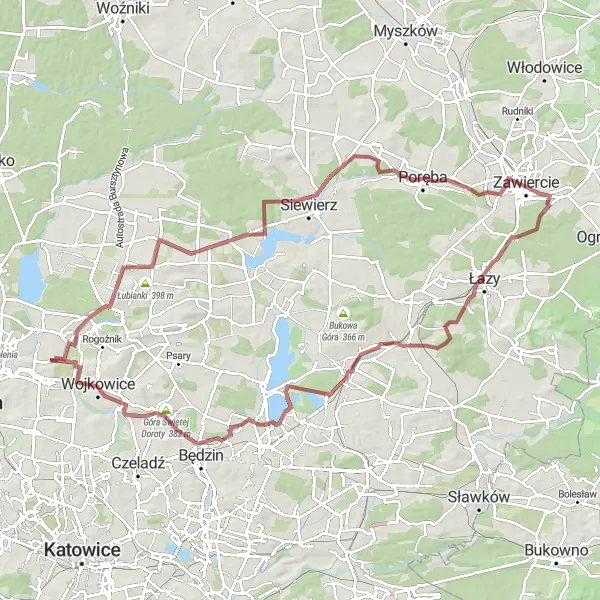 Map miniature of "Gravel Adventure to Wojkowice" cycling inspiration in Śląskie, Poland. Generated by Tarmacs.app cycling route planner
