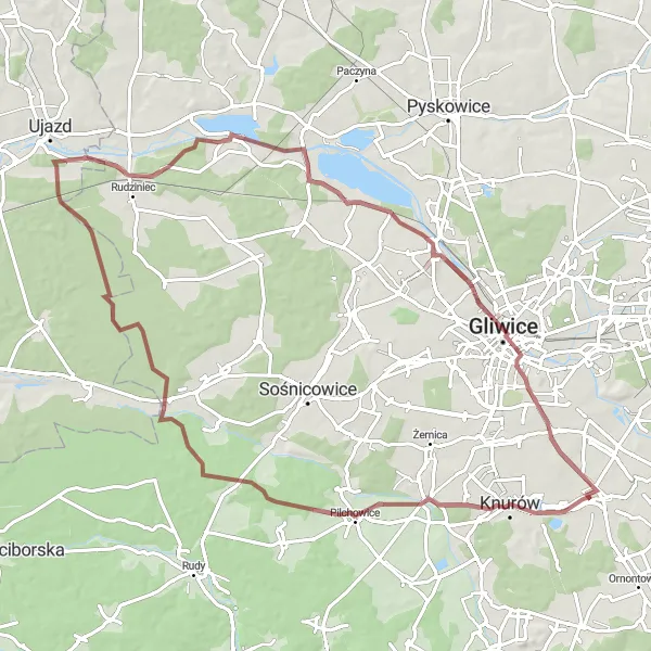 Miniatura mapy "Trasa przez Knurów, Taciszów i Dzierżno Duże" - trasy rowerowej w Śląskie, Poland. Wygenerowane przez planer tras rowerowych Tarmacs.app