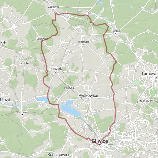 Map miniature of "Gliwice-Dąbrówka Gravel Ride" cycling inspiration in Śląskie, Poland. Generated by Tarmacs.app cycling route planner