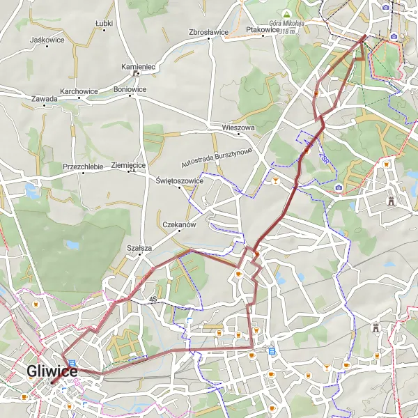 Map miniature of "The Gravel Adventure" cycling inspiration in Śląskie, Poland. Generated by Tarmacs.app cycling route planner