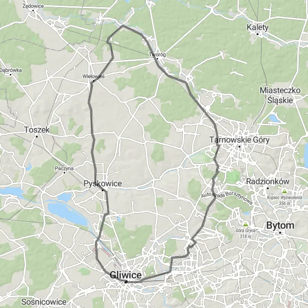 Map miniature of "The Gliwice Loop" cycling inspiration in Śląskie, Poland. Generated by Tarmacs.app cycling route planner