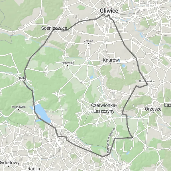 Map miniature of "Gliwice-Rybnik Road Route" cycling inspiration in Śląskie, Poland. Generated by Tarmacs.app cycling route planner