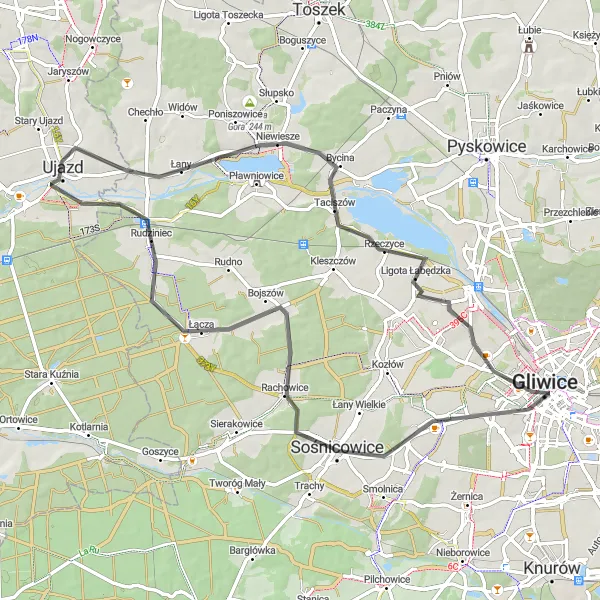 Map miniature of "Exploring Sośnicowice and Ujazd" cycling inspiration in Śląskie, Poland. Generated by Tarmacs.app cycling route planner