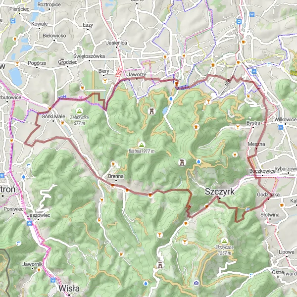 Map miniature of "Beskid Gravel Escape" cycling inspiration in Śląskie, Poland. Generated by Tarmacs.app cycling route planner