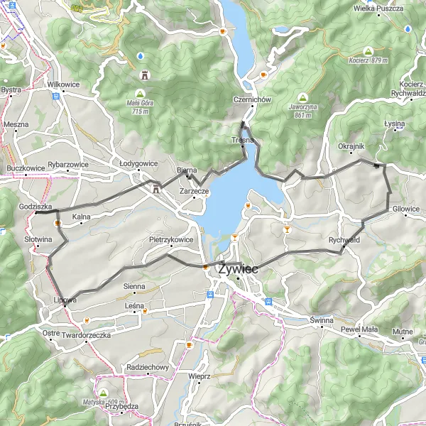 Miniatura mapy "Trasa wokół Jeziora Żywieckiego" - trasy rowerowej w Śląskie, Poland. Wygenerowane przez planer tras rowerowych Tarmacs.app
